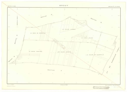 Plans minutes de conservation : BROUY : tableau d'assemblage n°1, tableau d'assemblage n°2, ech. 1/10000 (1951), tableau d'assemblage n°3, ech. 1/10000 (1951-1964), sections A, B, C, D, E, F, ech. 1/2000 (1938), sections A, B, C, D, E, F, G, H, ech. 1/200