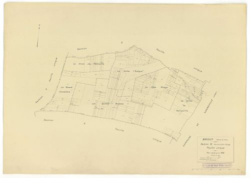 Plans minutes de conservation : BROUY : tableau d'assemblage n°1, tableau d'assemblage n°2, ech. 1/10000 (1951), tableau d'assemblage n°3, ech. 1/10000 (1951-1964), sections A, B, C, D, E, F, ech. 1/2000 (1938), sections A, B, C, D, E, F, G, H, ech. 1/200