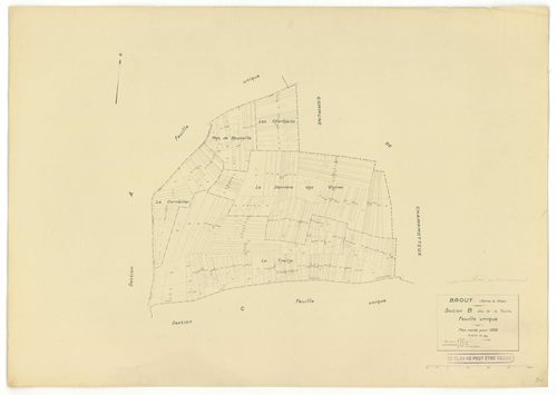 Plans minutes de conservation : BROUY : tableau d'assemblage n°1, tableau d'assemblage n°2, ech. 1/10000 (1951), tableau d'assemblage n°3, ech. 1/10000 (1951-1964), sections A, B, C, D, E, F, ech. 1/2000 (1938), sections A, B, C, D, E, F, G, H, ech. 1/200