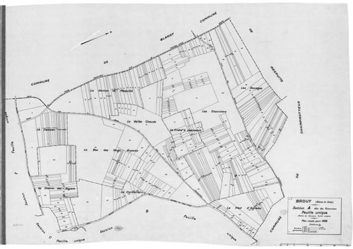 BROUY .- Cadastre révisé pour 1938 : plan du tableau d'assemblage, plans de la section A les Oisonnières, section B la Treille, section C la Meule, section D la Côte Rouge, section E les Fourneaux, section F la Justice ; cadastre révisé pour 1951 mis à jo