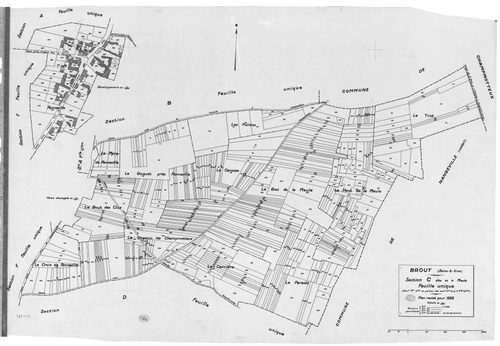 BROUY .- Cadastre révisé pour 1938 : plan du tableau d'assemblage, plans de la section A les Oisonnières, section B la Treille, section C la Meule, section D la Côte Rouge, section E les Fourneaux, section F la Justice ; cadastre révisé pour 1951 mis à jo