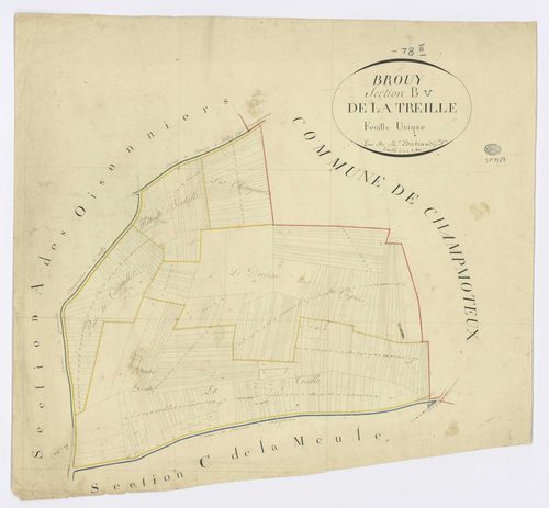 BROUY. - Section B - Treille (la), ech. 1/2500, coul., aquarelle, papier, 65x69 (1815). 