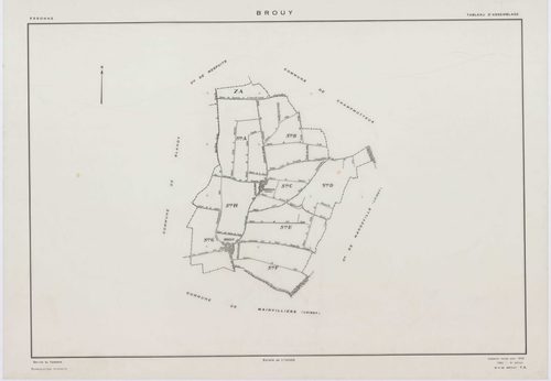 BROUY, plans minutes de conservation : tableau d'assemblage,1951, Ech. 1/10000 ; plans des sections A, B, C, D, E, F, G, H, 1951, Ech. 1/2000, section ZA, 1961, Ech. 1/2000. Polyester. N et B. Dim. 105 x 80 cm [10 plans]. 
