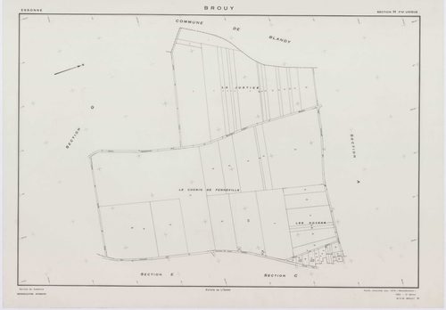 BROUY, plans minutes de conservation : tableau d'assemblage,1951, Ech. 1/10000 ; plans des sections A, B, C, D, E, F, G, H, 1951, Ech. 1/2000, section ZA, 1961, Ech. 1/2000. Polyester. N et B. Dim. 105 x 80 cm [10 plans]. 