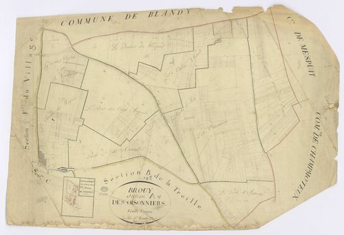 BROUY. - Section A - Oisonniers (les), ech. 1/2500, coul., aquarelle, papier, 69x99 (1815). 