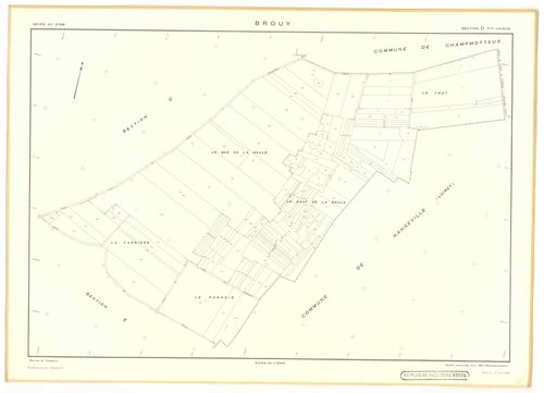 Plans minutes de conservation : BROUY : tableau d'assemblage n°1, tableau d'assemblage n°2, ech. 1/10000 (1951), tableau d'assemblage n°3, ech. 1/10000 (1951-1964), sections A, B, C, D, E, F, ech. 1/2000 (1938), sections A, B, C, D, E, F, G, H, ech. 1/200
