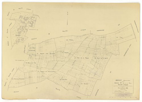 Plans minutes de conservation : BROUY : tableau d'assemblage n°1, tableau d'assemblage n°2, ech. 1/10000 (1951), tableau d'assemblage n°3, ech. 1/10000 (1951-1964), sections A, B, C, D, E, F, ech. 1/2000 (1938), sections A, B, C, D, E, F, G, H, ech. 1/200