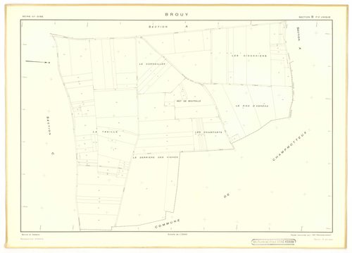 Plans minutes de conservation : BROUY : tableau d'assemblage n°1, tableau d'assemblage n°2, ech. 1/10000 (1951), tableau d'assemblage n°3, ech. 1/10000 (1951-1964), sections A, B, C, D, E, F, ech. 1/2000 (1938), sections A, B, C, D, E, F, G, H, ech. 1/200