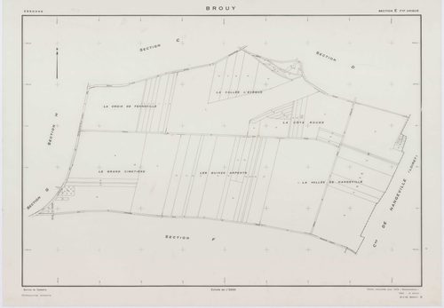 BROUY, plans minutes de conservation : tableau d'assemblage,1951, Ech. 1/10000 ; plans des sections A, B, C, D, E, F, G, H, 1951, Ech. 1/2000, section ZA, 1961, Ech. 1/2000. Polyester. N et B. Dim. 105 x 80 cm [10 plans]. 