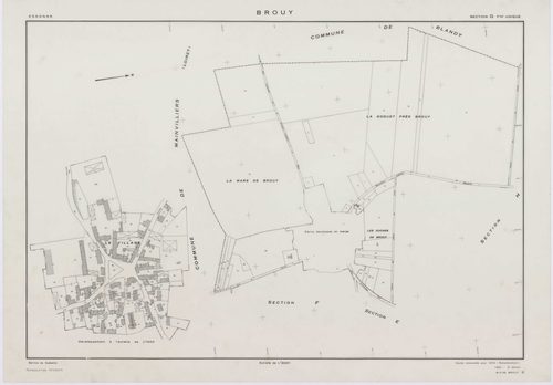 BROUY, plans minutes de conservation : tableau d'assemblage,1951, Ech. 1/10000 ; plans des sections A, B, C, D, E, F, G, H, 1951, Ech. 1/2000, section ZA, 1961, Ech. 1/2000. Polyester. N et B. Dim. 105 x 80 cm [10 plans]. 