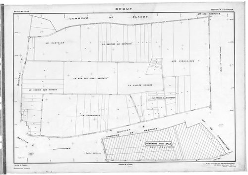 BROUY .- Cadastre révisé pour 1938 : plan du tableau d'assemblage, plans de la section A les Oisonnières, section B la Treille, section C la Meule, section D la Côte Rouge, section E les Fourneaux, section F la Justice ; cadastre révisé pour 1951 mis à jo