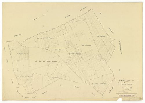 Plans minutes de conservation : BROUY : tableau d'assemblage n°1, tableau d'assemblage n°2, ech. 1/10000 (1951), tableau d'assemblage n°3, ech. 1/10000 (1951-1964), sections A, B, C, D, E, F, ech. 1/2000 (1938), sections A, B, C, D, E, F, G, H, ech. 1/200