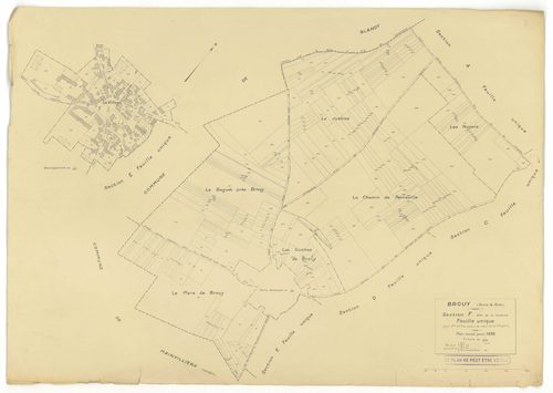 Plans minutes de conservation : BROUY : tableau d'assemblage n°1, tableau d'assemblage n°2, ech. 1/10000 (1951), tableau d'assemblage n°3, ech. 1/10000 (1951-1964), sections A, B, C, D, E, F, ech. 1/2000 (1938), sections A, B, C, D, E, F, G, H, ech. 1/200
