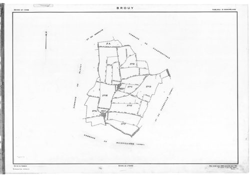 BROUY .- Cadastre révisé pour 1938 : plan du tableau d'assemblage, plans de la section A les Oisonnières, section B la Treille, section C la Meule, section D la Côte Rouge, section E les Fourneaux, section F la Justice ; cadastre révisé pour 1951 mis à jo