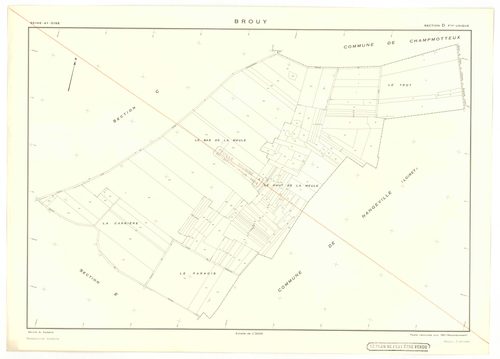 Plans minutes de conservation : BROUY : tableau d'assemblage n°1, tableau d'assemblage n°2, ech. 1/10000 (1951), tableau d'assemblage n°3, ech. 1/10000 (1951-1964), sections A, B, C, D, E, F, ech. 1/2000 (1938), sections A, B, C, D, E, F, G, H, ech. 1/200