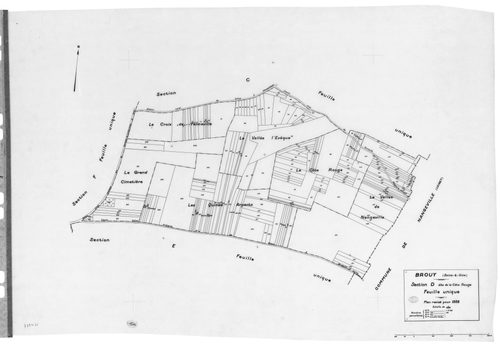 BROUY .- Cadastre révisé pour 1938 : plan du tableau d'assemblage, plans de la section A les Oisonnières, section B la Treille, section C la Meule, section D la Côte Rouge, section E les Fourneaux, section F la Justice ; cadastre révisé pour 1951 mis à jo