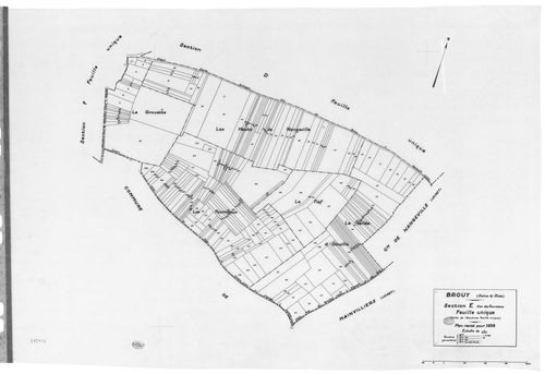 BROUY .- Cadastre révisé pour 1938 : plan du tableau d'assemblage, plans de la section A les Oisonnières, section B la Treille, section C la Meule, section D la Côte Rouge, section E les Fourneaux, section F la Justice ; cadastre révisé pour 1951 mis à jo