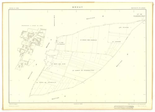 Plans minutes de conservation : BROUY : tableau d'assemblage n°1, tableau d'assemblage n°2, ech. 1/10000 (1951), tableau d'assemblage n°3, ech. 1/10000 (1951-1964), sections A, B, C, D, E, F, ech. 1/2000 (1938), sections A, B, C, D, E, F, G, H, ech. 1/200