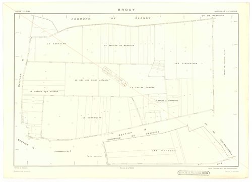 Plans minutes de conservation : BROUY : tableau d'assemblage n°1, tableau d'assemblage n°2, ech. 1/10000 (1951), tableau d'assemblage n°3, ech. 1/10000 (1951-1964), sections A, B, C, D, E, F, ech. 1/2000 (1938), sections A, B, C, D, E, F, G, H, ech. 1/200