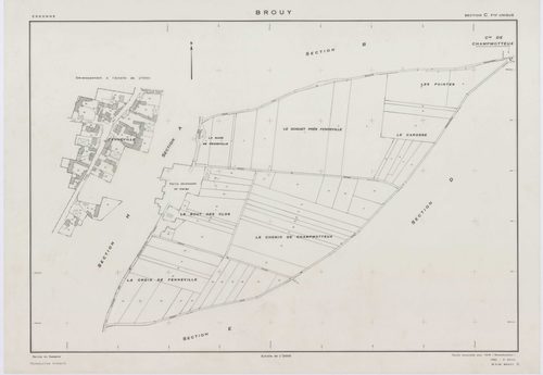 BROUY, plans minutes de conservation : tableau d'assemblage,1951, Ech. 1/10000 ; plans des sections A, B, C, D, E, F, G, H, 1951, Ech. 1/2000, section ZA, 1961, Ech. 1/2000. Polyester. N et B. Dim. 105 x 80 cm [10 plans]. 
