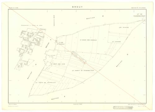 Plans minutes de conservation : BROUY : tableau d'assemblage n°1, tableau d'assemblage n°2, ech. 1/10000 (1951), tableau d'assemblage n°3, ech. 1/10000 (1951-1964), sections A, B, C, D, E, F, ech. 1/2000 (1938), sections A, B, C, D, E, F, G, H, ech. 1/200