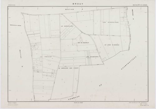 BROUY, plans minutes de conservation : tableau d'assemblage,1951, Ech. 1/10000 ; plans des sections A, B, C, D, E, F, G, H, 1951, Ech. 1/2000, section ZA, 1961, Ech. 1/2000. Polyester. N et B. Dim. 105 x 80 cm [10 plans]. 