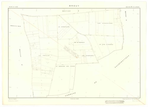 Plans minutes de conservation : BROUY : tableau d'assemblage n°1, tableau d'assemblage n°2, ech. 1/10000 (1951), tableau d'assemblage n°3, ech. 1/10000 (1951-1964), sections A, B, C, D, E, F, ech. 1/2000 (1938), sections A, B, C, D, E, F, G, H, ech. 1/200