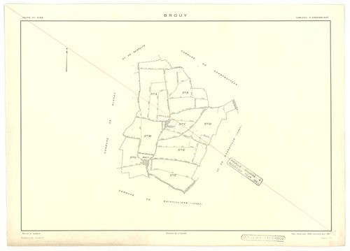 Plans minutes de conservation : BROUY : tableau d'assemblage n°1, tableau d'assemblage n°2, ech. 1/10000 (1951), tableau d'assemblage n°3, ech. 1/10000 (1951-1964), sections A, B, C, D, E, F, ech. 1/2000 (1938), sections A, B, C, D, E, F, G, H, ech. 1/200