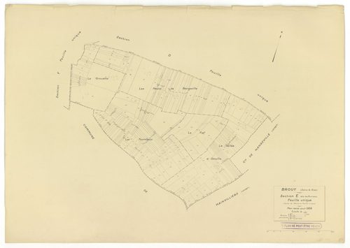 Plans minutes de conservation : BROUY : tableau d'assemblage n°1, tableau d'assemblage n°2, ech. 1/10000 (1951), tableau d'assemblage n°3, ech. 1/10000 (1951-1964), sections A, B, C, D, E, F, ech. 1/2000 (1938), sections A, B, C, D, E, F, G, H, ech. 1/200