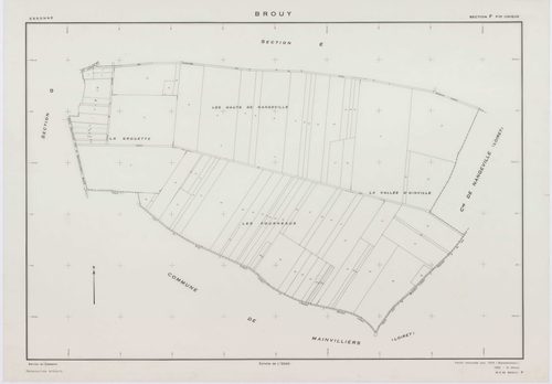 BROUY, plans minutes de conservation : tableau d'assemblage,1951, Ech. 1/10000 ; plans des sections A, B, C, D, E, F, G, H, 1951, Ech. 1/2000, section ZA, 1961, Ech. 1/2000. Polyester. N et B. Dim. 105 x 80 cm [10 plans]. 