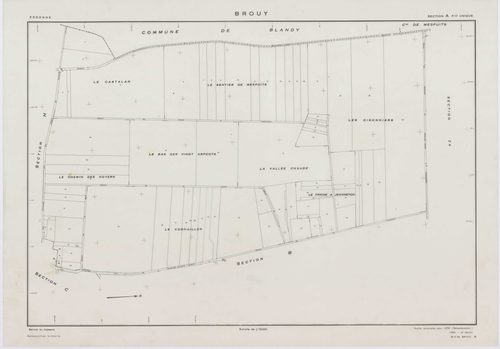 BROUY, plans minutes de conservation : tableau d'assemblage,1951, Ech. 1/10000 ; plans des sections A, B, C, D, E, F, G, H, 1951, Ech. 1/2000, section ZA, 1961, Ech. 1/2000. Polyester. N et B. Dim. 105 x 80 cm [10 plans]. 