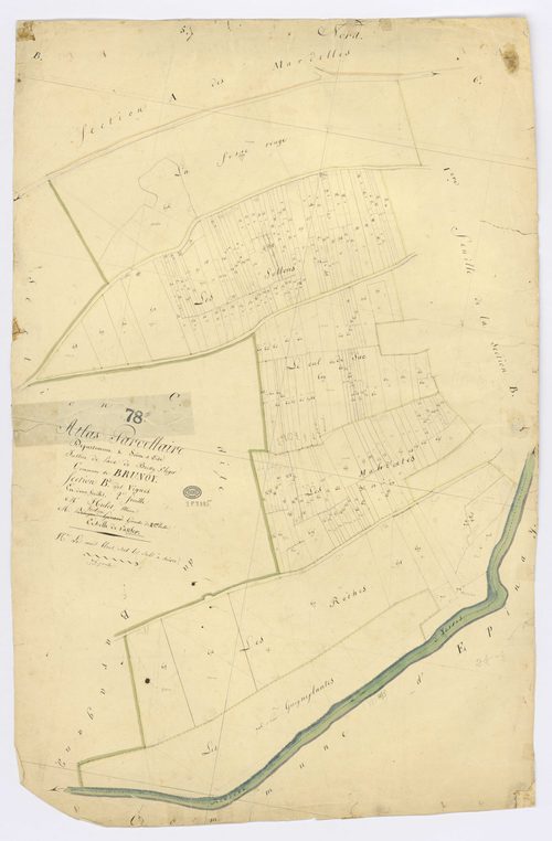 BRUNOY. - Section B - Vignes (les), 2ème feuille, ech. 1/1250, coul., aquarelle, papier, 96x64 (1810). 