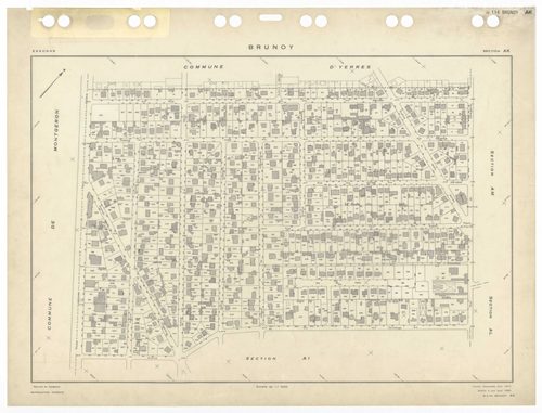 BRUNOY, plans minutes de conservation : tableau d'assemblage,1972, Ech. 1/5000 ; plans des sections AB, AC, AE, AH, AI, AK, AL, AM, AN, AO, AP, AR, AS, AT, AV, AW, AX, AY, AZ, 1972, Ech. 1/1000, section AD, 1972, Ech. 1/2000. Polyester. N et B. Dim. 105 x