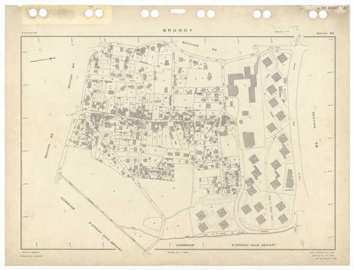 BRUNOY, plans minutes de conservation : tableau d'assemblage,1972, Ech. 1/5000 ; plans des sections AB, AC, AE, AH, AI, AK, AL, AM, AN, AO, AP, AR, AS, AT, AV, AW, AX, AY, AZ, 1972, Ech. 1/1000, section AD, 1972, Ech. 1/2000. Polyester. N et B. Dim. 105 x