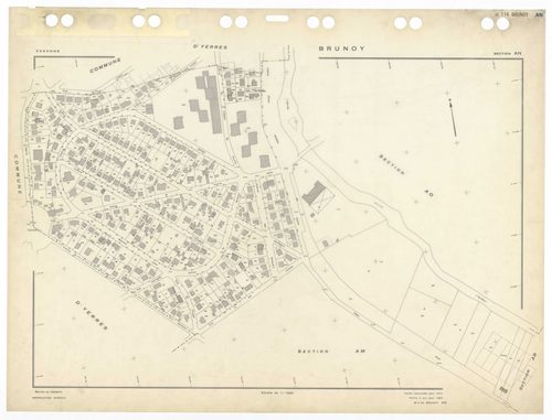BRUNOY, plans minutes de conservation : tableau d'assemblage,1972, Ech. 1/5000 ; plans des sections AB, AC, AE, AH, AI, AK, AL, AM, AN, AO, AP, AR, AS, AT, AV, AW, AX, AY, AZ, 1972, Ech. 1/1000, section AD, 1972, Ech. 1/2000. Polyester. N et B. Dim. 105 x