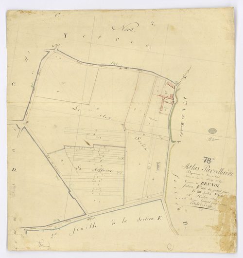 BRUNOY. - Section F - Grand Parc (le), 1ère feuille, ech. 1/1250, coul., aquarelle, papier, 67x63 (1810). 