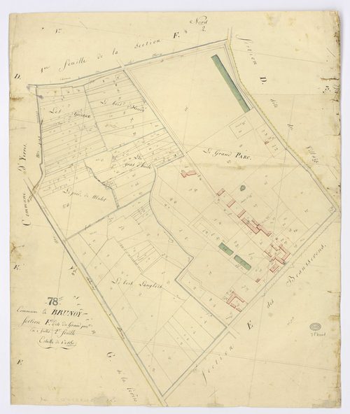 BRUNOY. - Section F - Grand Parc (le), 2ème feuille, ech. 1/1250, coul., aquarelle, papier, 80x65 (1810). 