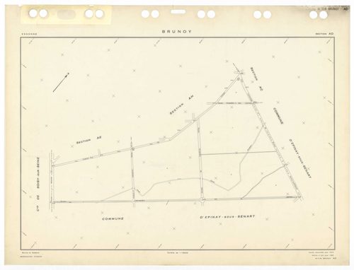 BRUNOY, plans minutes de conservation : tableau d'assemblage,1972, Ech. 1/5000 ; plans des sections AB, AC, AE, AH, AI, AK, AL, AM, AN, AO, AP, AR, AS, AT, AV, AW, AX, AY, AZ, 1972, Ech. 1/1000, section AD, 1972, Ech. 1/2000. Polyester. N et B. Dim. 105 x