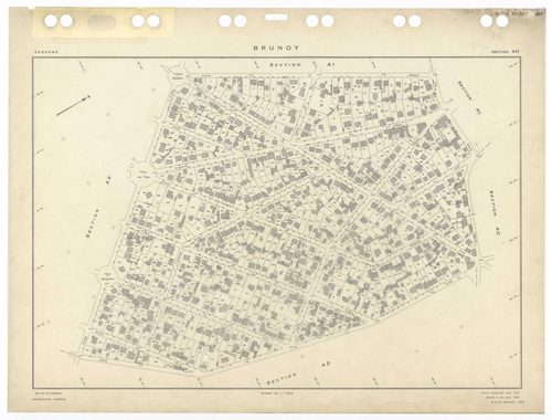 BRUNOY, plans minutes de conservation : tableau d'assemblage,1972, Ech. 1/5000 ; plans des sections AB, AC, AE, AH, AI, AK, AL, AM, AN, AO, AP, AR, AS, AT, AV, AW, AX, AY, AZ, 1972, Ech. 1/1000, section AD, 1972, Ech. 1/2000. Polyester. N et B. Dim. 105 x