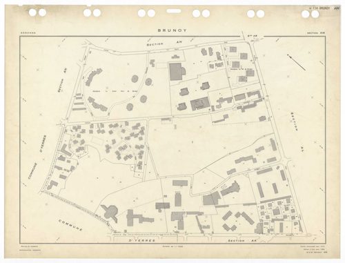 BRUNOY, plans minutes de conservation : tableau d'assemblage,1972, Ech. 1/5000 ; plans des sections AB, AC, AE, AH, AI, AK, AL, AM, AN, AO, AP, AR, AS, AT, AV, AW, AX, AY, AZ, 1972, Ech. 1/1000, section AD, 1972, Ech. 1/2000. Polyester. N et B. Dim. 105 x
