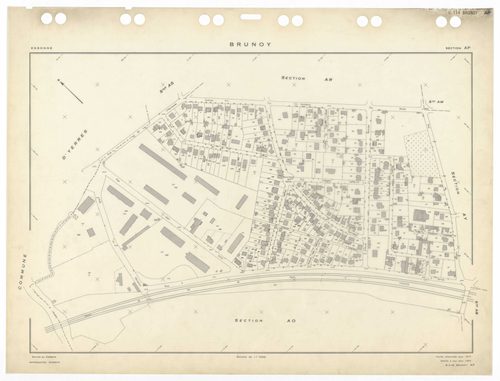 BRUNOY, plans minutes de conservation : tableau d'assemblage,1972, Ech. 1/5000 ; plans des sections AB, AC, AE, AH, AI, AK, AL, AM, AN, AO, AP, AR, AS, AT, AV, AW, AX, AY, AZ, 1972, Ech. 1/1000, section AD, 1972, Ech. 1/2000. Polyester. N et B. Dim. 105 x