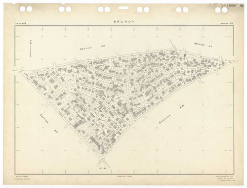 BRUNOY, plans minutes de conservation : tableau d'assemblage,1972, Ech. 1/5000 ; plans des sections AB, AC, AE, AH, AI, AK, AL, AM, AN, AO, AP, AR, AS, AT, AV, AW, AX, AY, AZ, 1972, Ech. 1/1000, section AD, 1972, Ech. 1/2000. Polyester. N et B. Dim. 105 x