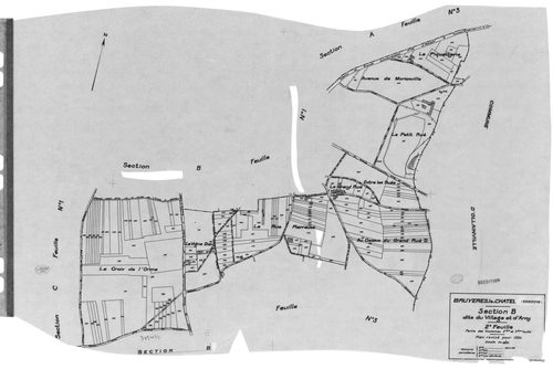 BRUYERES-LE-CHATEL .- Cadastre révisé pour 1934 : plans de la section A Verville et les Bois 2ème feuille, idem 4ème feuille, idem 5ème feuille, section B Village et d'Arny 1ère feuille, idem 2ème feuille, secton Arpenty 1ère feuille, idem 2ème feuille, i