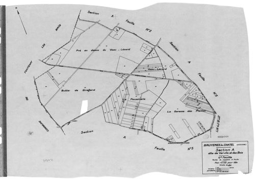 BRUYERES-LE-CHATEL .- Cadastre révisé pour 1934 : plans de la section A Verville et les Bois 2ème feuille, idem 4ème feuille, idem 5ème feuille, section B Village et d'Arny 1ère feuille, idem 2ème feuille, secton Arpenty 1ère feuille, idem 2ème feuille, i