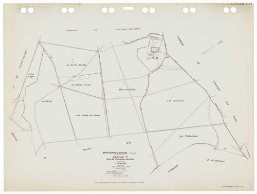 BRUYERES-LE-CHATEL, plans minutes de conservation : tableau d'assemblage,1934, Ech. 1/10000 ; plans des sections A1, A3, A4, B2, B3, C1, C3 1934, Ech. 1/2500, section A2, 1934, Ech. 1/5000, sections A5, C2, 1934, Ech. 1/1250, sections AA, AB, AC, AD, 1997