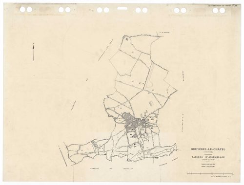 BRUYERES-LE-CHATEL, plans minutes de conservation : tableau d'assemblage,1934, Ech. 1/10000 ; plans des sections A1, A3, A4, B2, B3, C1, C3 1934, Ech. 1/2500, section A2, 1934, Ech. 1/5000, sections A5, C2, 1934, Ech. 1/1250, sections AA, AB, AC, AD, 1997