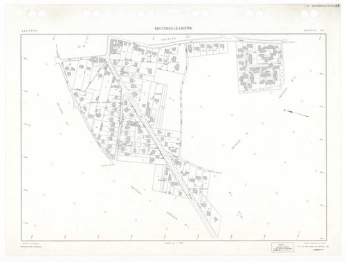 BRUYERES-LE-CHATEL, plans minutes de conservation : tableau d'assemblage,1934, Ech. 1/10000 ; plans des sections A1, A3, A4, B2, B3, C1, C3 1934, Ech. 1/2500, section A2, 1934, Ech. 1/5000, sections A5, C2, 1934, Ech. 1/1250, sections AA, AB, AC, AD, 1997