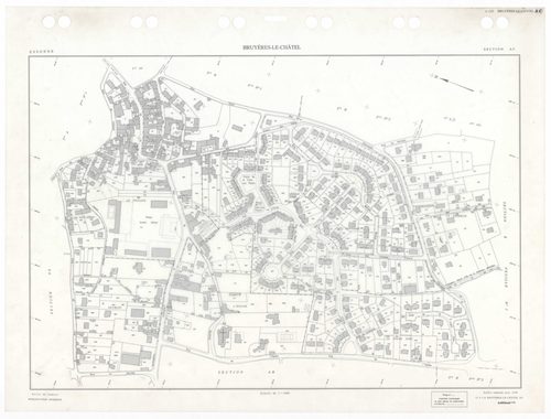 BRUYERES-LE-CHATEL, plans minutes de conservation : tableau d'assemblage,1934, Ech. 1/10000 ; plans des sections A1, A3, A4, B2, B3, C1, C3 1934, Ech. 1/2500, section A2, 1934, Ech. 1/5000, sections A5, C2, 1934, Ech. 1/1250, sections AA, AB, AC, AD, 1997