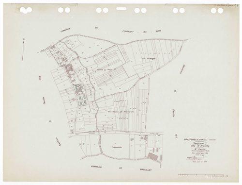 BRUYERES-LE-CHATEL, plans minutes de conservation : tableau d'assemblage,1934, Ech. 1/10000 ; plans des sections A1, A3, A4, B2, B3, C1, C3 1934, Ech. 1/2500, section A2, 1934, Ech. 1/5000, sections A5, C2, 1934, Ech. 1/1250, sections AA, AB, AC, AD, 1997