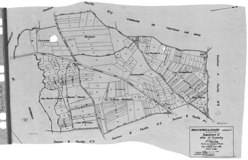BRUYERES-LE-CHATEL .- Cadastre révisé pour 1934 : plans de la section A Verville et les Bois 2ème feuille, idem 4ème feuille, idem 5ème feuille, section B Village et d'Arny 1ère feuille, idem 2ème feuille, secton Arpenty 1ère feuille, idem 2ème feuille, i